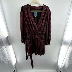 ModCloth 3X‎ Burgundy Metallic Stripe Gauzy Wrap Dress Long Sleeve Tie Waist